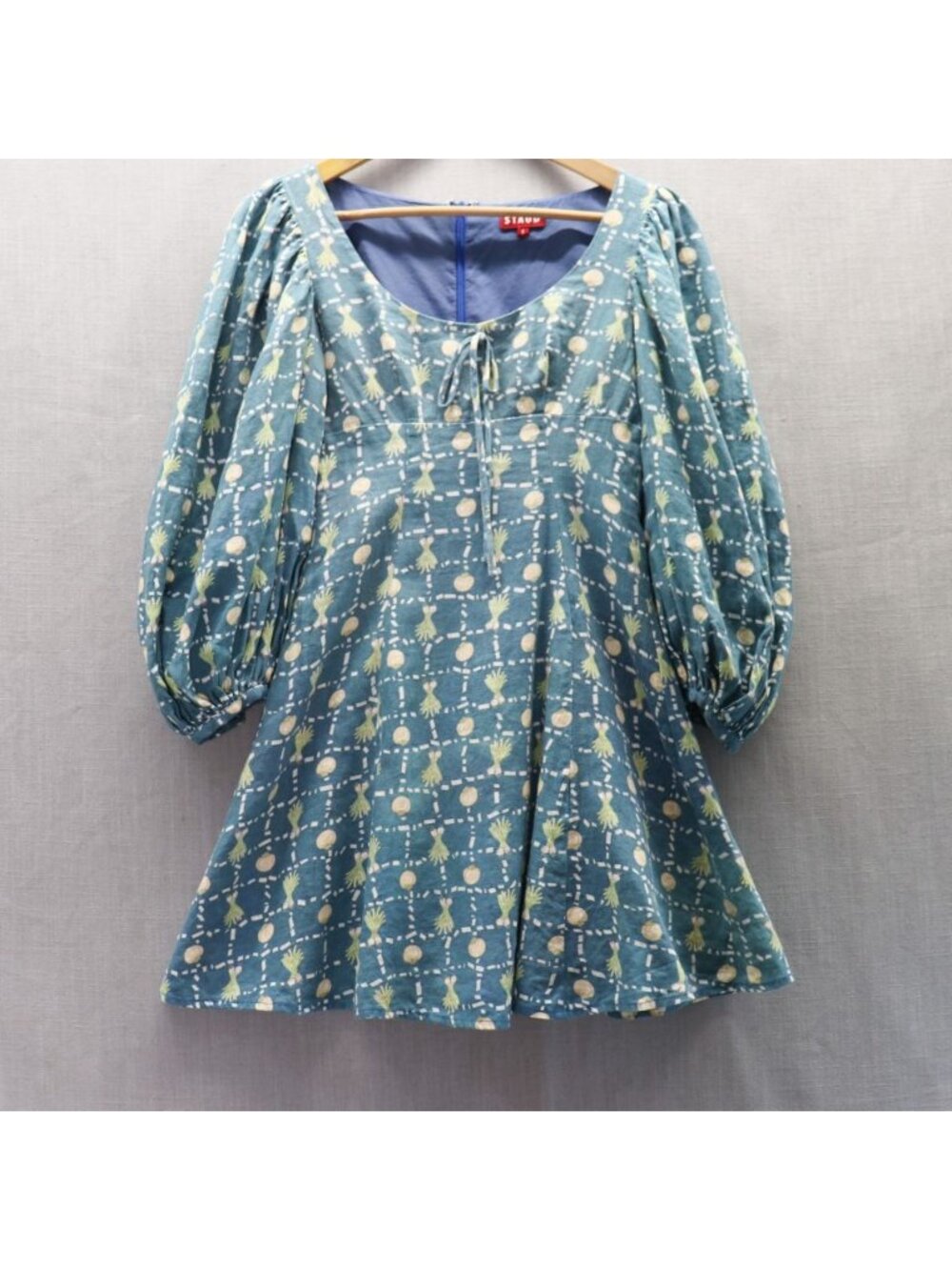 Staud Pineapple Print Linen Mini Dress Teal Puff Sleeve Empire Waist 0
